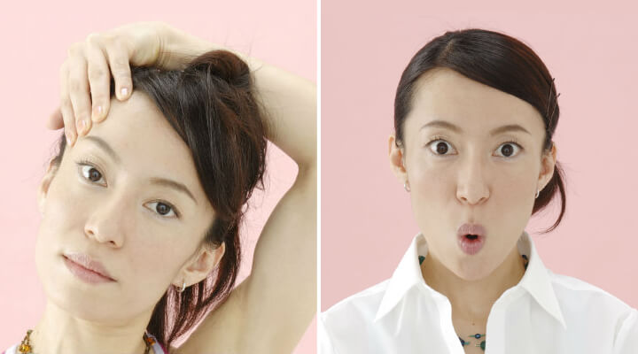 Two photos featuring Fumiko Takatsu (woman in white shirt with black hair) showing face yoga poses.