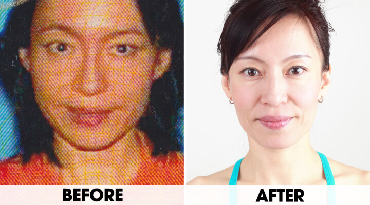 Two close up photos of Fumiko Takatsu showing her look before and after face yoga