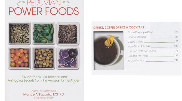 Photo showing the cover of a book named Peruvian Super Food; the front illustrated with 6 different types of grains in different colors.
