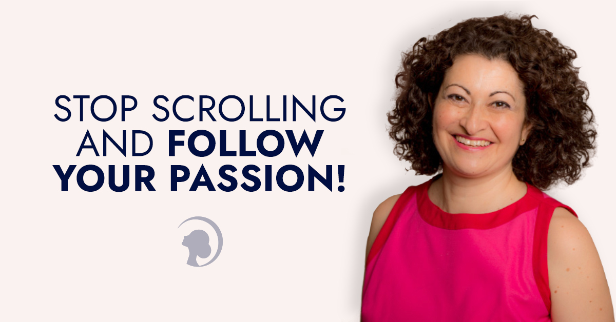 Photo featuring the tittle of the blog post "Stop Scrolling And Follow Your Passion" and below a Face Yogi Marie-Reine with bright smile reflecting happiness about following her Face Yoga passion.