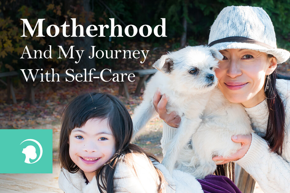 Photo featuring the tittle of the blog post "Motherhood And My Journey With Self-Care" and below Fumiko Takatsu holding a white puppy with her daughter besides them smiling
