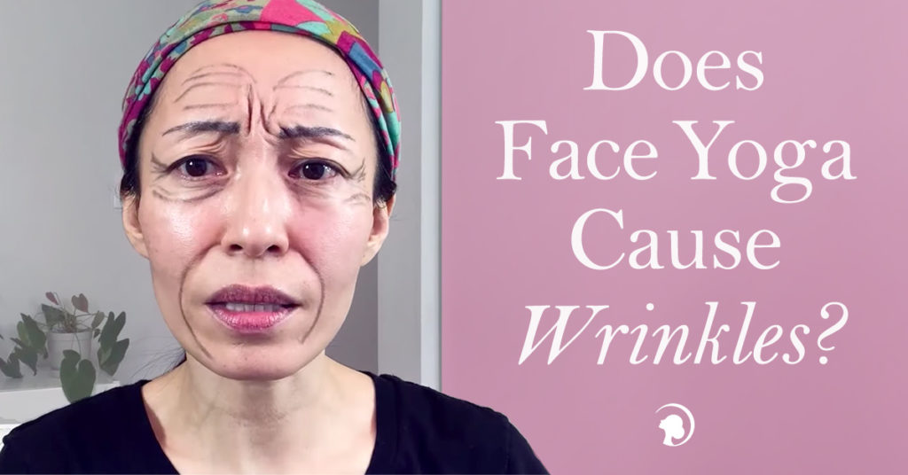 Fumiko Takatsu with a colorful bandana on her had showing a worried face with black pencil lines drawn on her forehead, temples and around mouth to illustrate wrinkles.