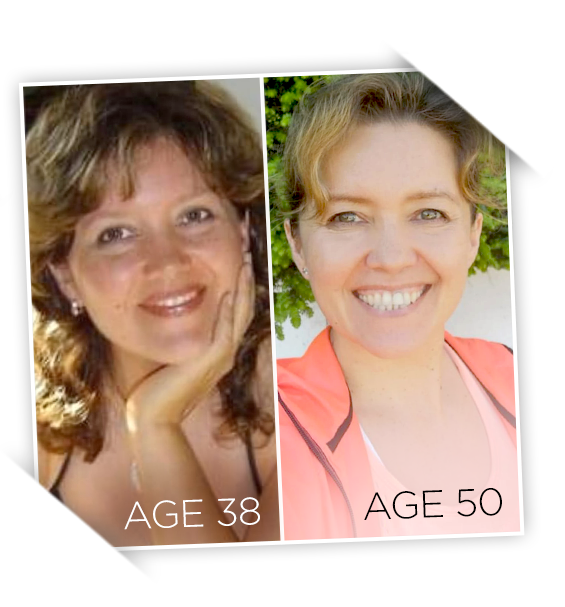 Two photos of a woman smiling - comparison at different age stages.