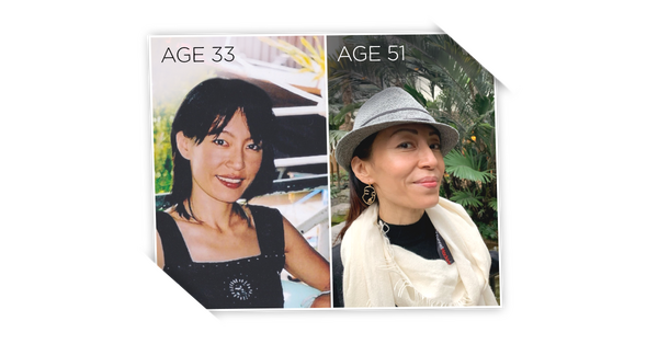 Woman before and after face yoga photos, comparison of 33 year old and 51 year old