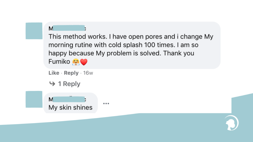 A screenshot of Facebook comments describing the experience with the 100 times face splash routine. 