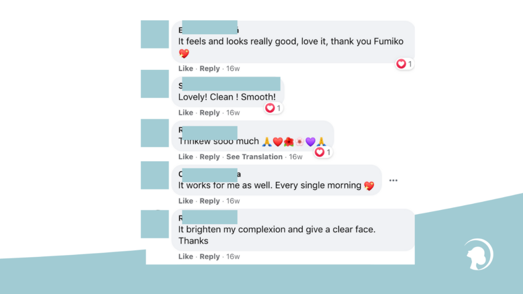 A screenshot of Facebook comments describing the experience with he 100 times face splash routine. 