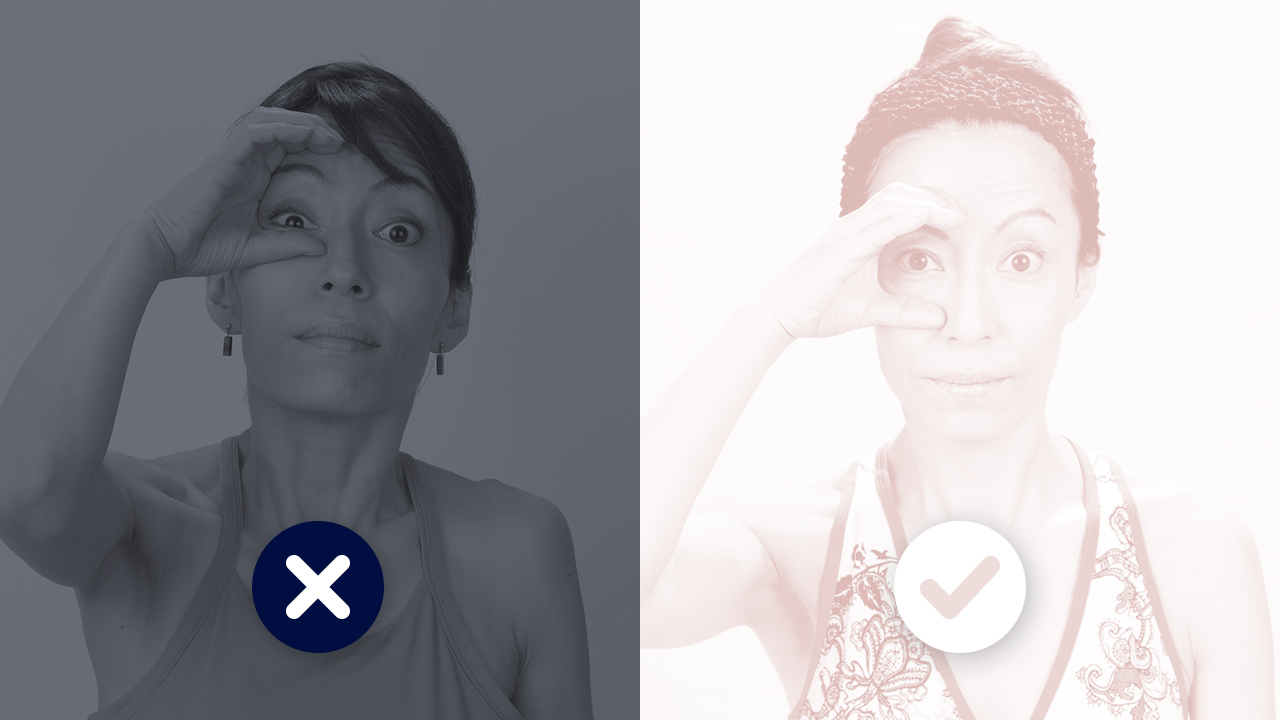 Woman showing the right and the wrong way to do face yoga pose